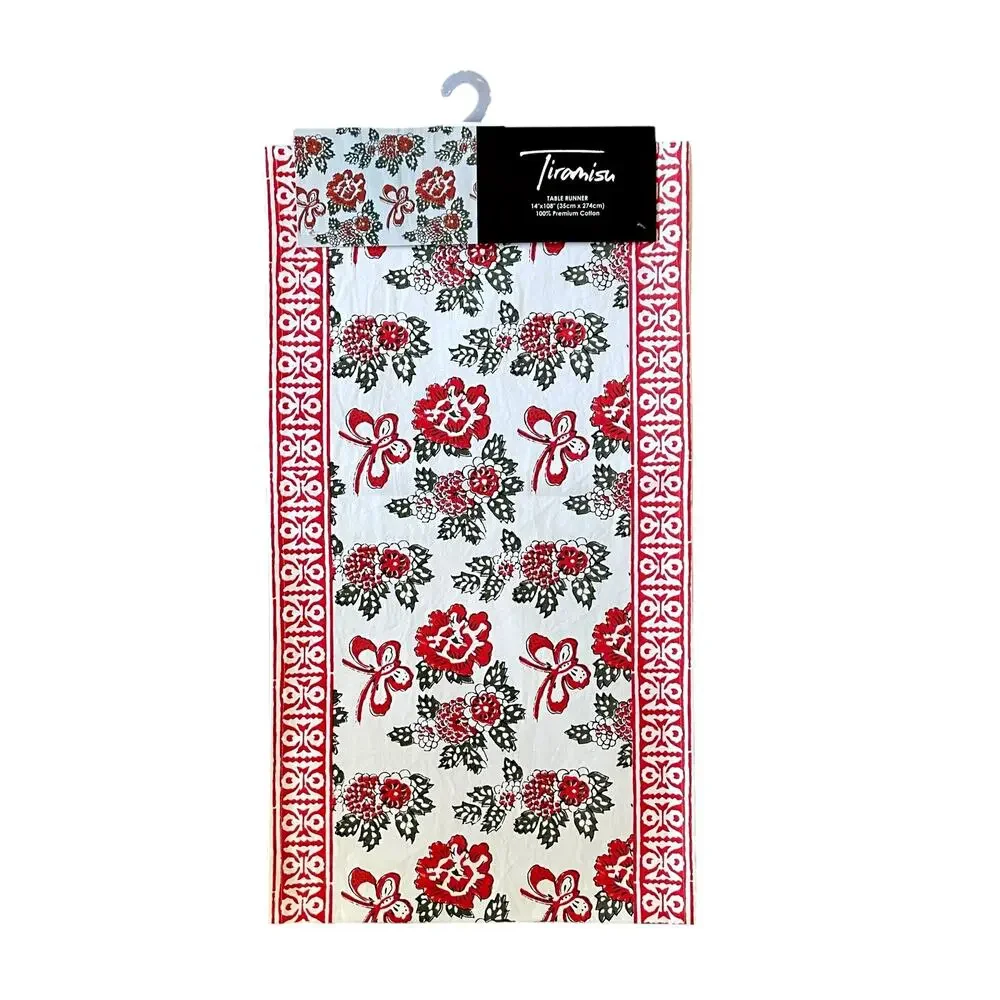 Tiramisu Block Print Cotton Table Runner 14x108 Pink & Red Floral Butterfly NEW